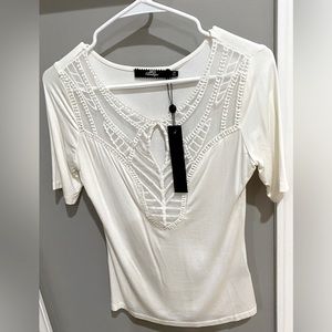 Rhinestone Mesh Deep V Keyhole Blouse